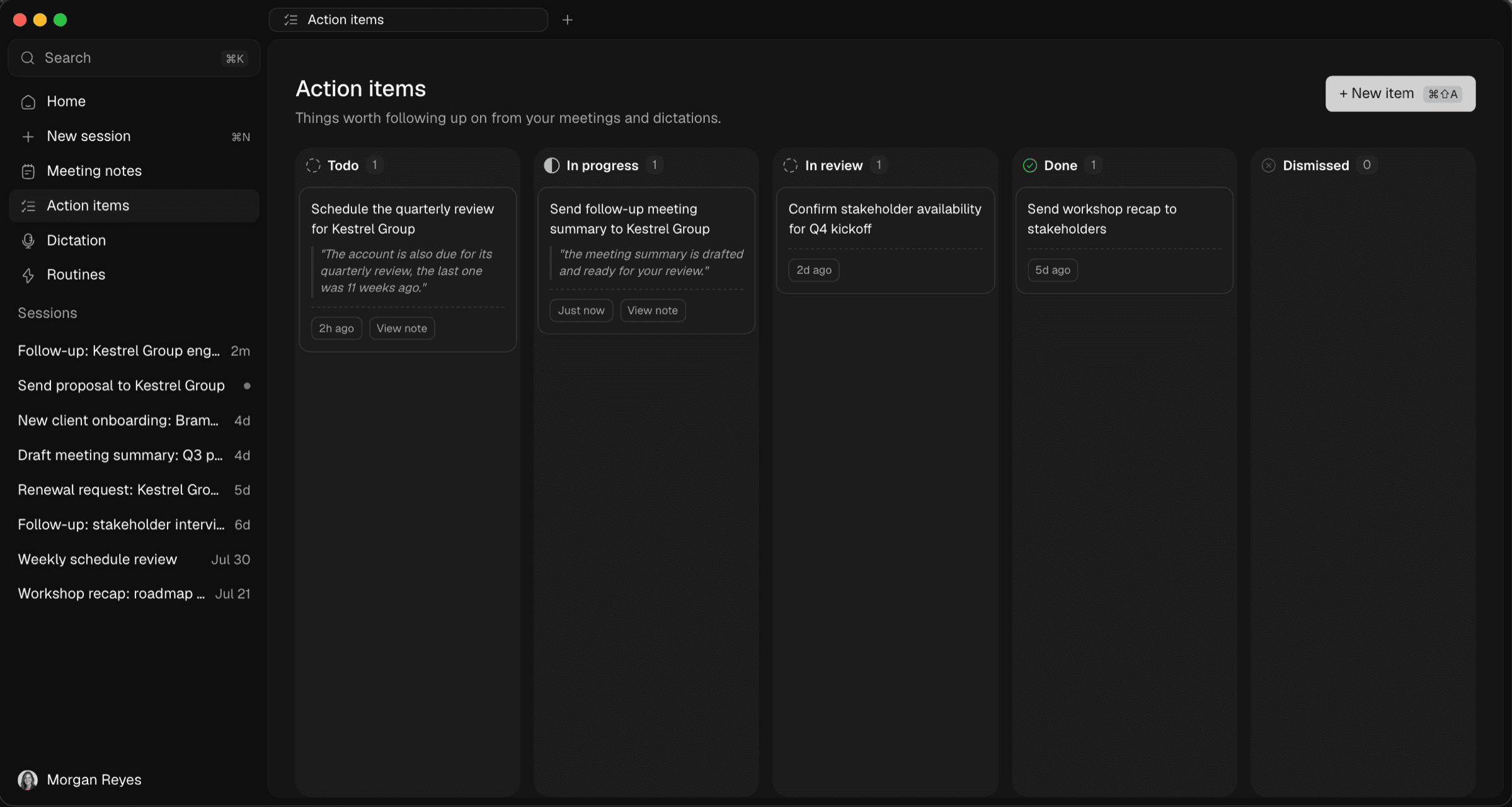 Optiq action items board with cards organized under Todo, In progress, In review, and Done